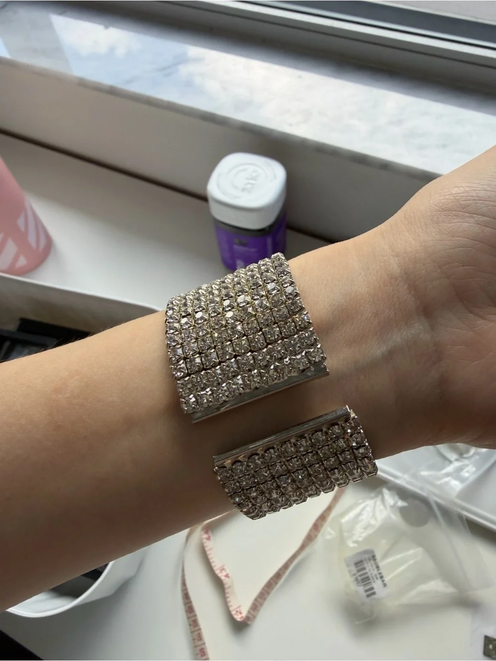 Wide Silver Tone Multi-Row Crystal Rhinestone Statement Bracelet